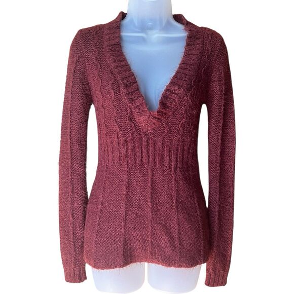 Arizona Wine Red V Neck Fitted Fuzzy Knit Sweater Sz S Y2K Goblincore Whimsigoth - Picture 14 of 14
